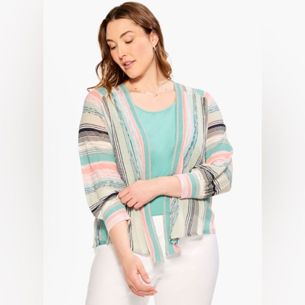 NWT NIC+ZOE All Year 4-Way Cardigan Aqua Multi Linen Blend Layering Sweater PL